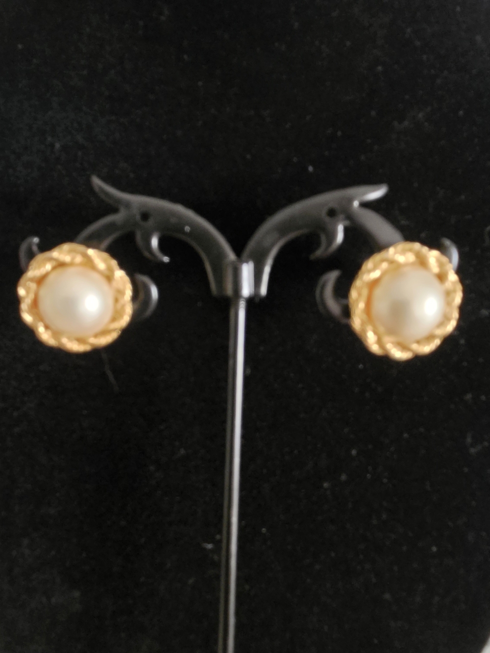 Trifari Gold Rope Pearl Button Earrings